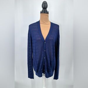 navy blue sheer knit lightweight button down front linen blend cardigan S